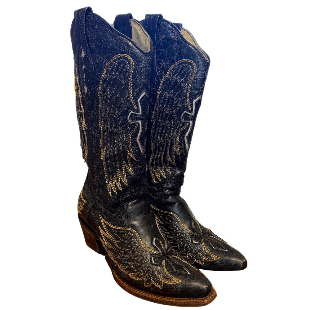 CORRAL Vintage Wing & Cross Western Boots Women 8.5 Black Distressed Inlay